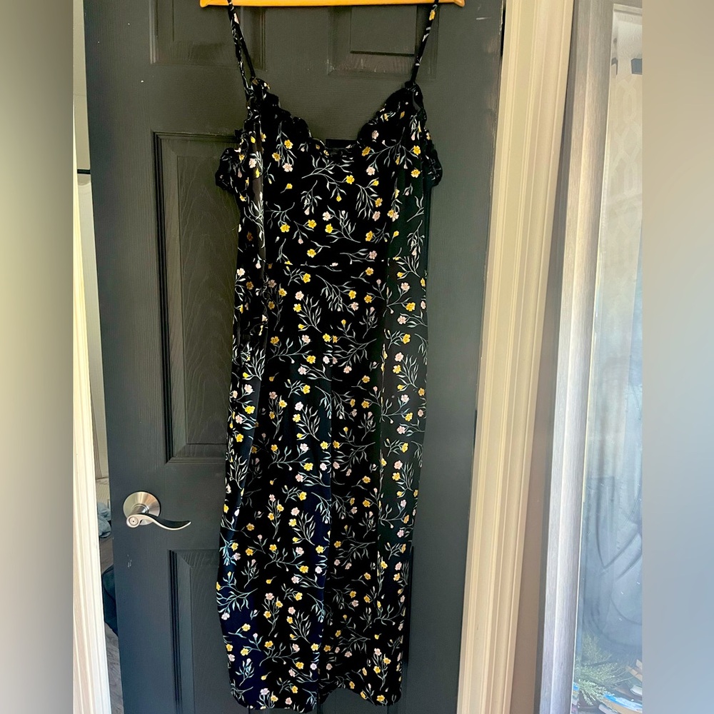 Divided Black Jumpsuit with Yellow and Pink Floral Pattern